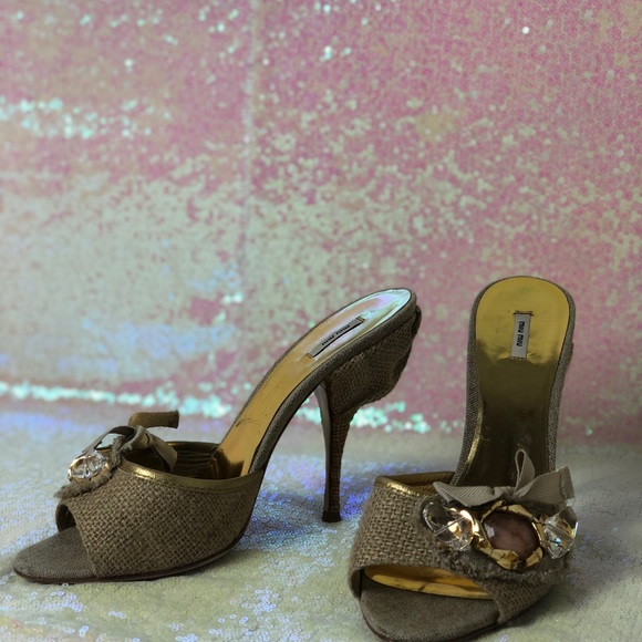 Miu Miu sackcloth Jeweled Mules - Picture 4 of 7